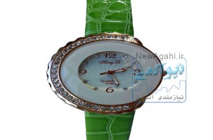 ساعت مچی زنانه نگین دار صفحه سفید بند سبز